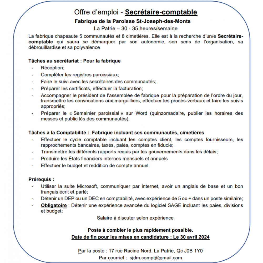 Offre d'emploi : secrétaire-comptable pour la Fabrique St-Joseph-des-Monts