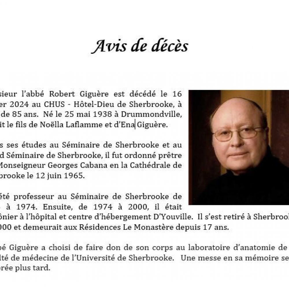 Avis de décès - abbé Robert Giguère