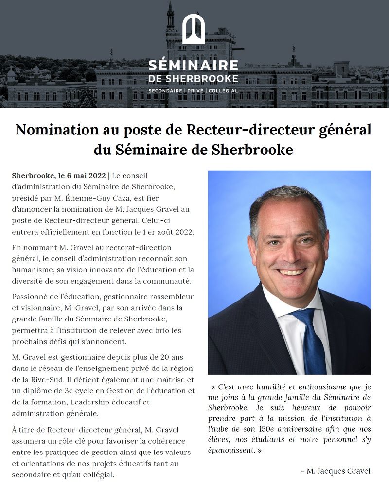Jacques Gravel nommé Recteur directeur-général au Séminaire de Sherbrooke