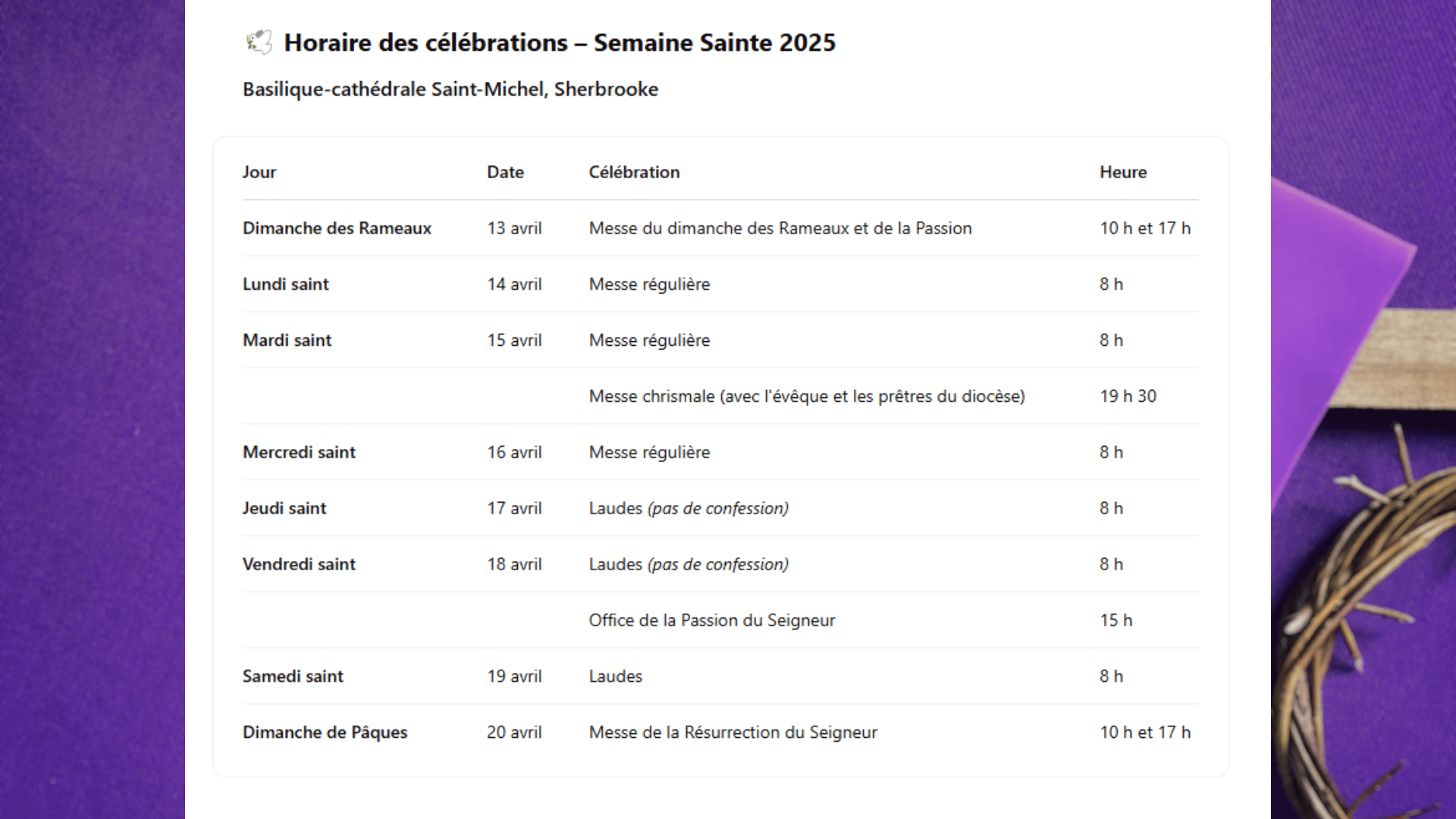 Horaire des messes de la Semaine Sainte à la Basilique-Cathédrale Saint-Michel